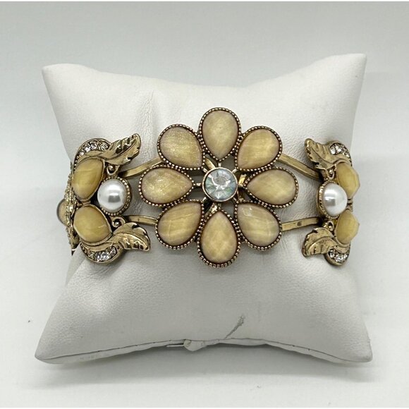 Gold-Tone Hinged Bracelet Vintage Inspired Rhinestones, Faux Pearl Floral Design - Picture 1 of 12